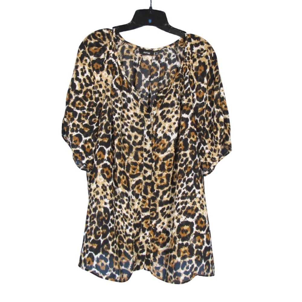 APT. 9 Brown/Multi LEOPARD PRINT Button-Up CHIFFON V-Neck BLOUSE/TOP Sz 2X